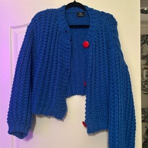 Dressed in LALA Blue Cardigan with Red Buttons